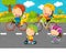 Cartoon scene with kids and parents are riding on a bicycles on the road