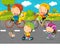 Cartoon scene with kids and parents are riding on a bicycles on the road