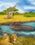 Cartoon scene with lions and hippopotamus hippo swimming in river near the meadow and giraffes resting - illustration for children