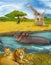 Cartoon scene with lions and hippopotamus hippo swimming in river near the meadow and giraffes resting - illustration for children