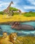 Cartoon scene with lions and hippopotamus hippo swimming in river near the meadow and giraffes resting - illustration for children