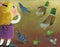 cartoon scene with little girl looking at different animals birds ducks pigeons frogs and mouse running in many directions on the