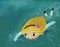 cartoon scene with little girl swimming in the lake pond smiling illustration for children
