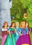 Cartoon scene of many young girls in traditional clothing - medieval times - beautiful manga girls - with coloring page