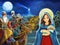 Cartoon scene with Mary and Jesus Christ and traveling kings