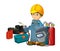 Cartoon scene with mechanic worker with wheels tools and petrol canister - on white backgroud for different usage