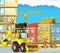 Cartoon scene with men working doing industrial jobs with excavator