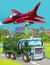 Cartoon scene with military army car vehicle on the road and jet plane flying over