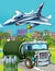 Cartoon scene with military army car vehicle on the road and jet plane flying over - illustration