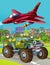 Cartoon scene with military army car vehicle on the road and jet plane flying over - illustration