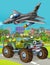 Cartoon scene with military army car vehicle on the road and jet plane flying over - illustration