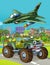 Cartoon scene with military army car vehicle on the road and jet plane flying over - illustration