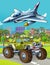 Cartoon scene with military army car vehicle on the road and jet plane flying over - illustration