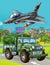 Cartoon scene with military army car vehicle on the road and jet plane flying over - illustration