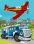 Cartoon scene with military or police army car vehicle on the road and fireman playing flying over - illustration