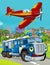 Cartoon scene with military or police army car vehicle on the road and fireman playing flying over - illustration