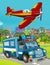 Cartoon scene with military or police army car vehicle on the road and fireman playing flying over - illustration