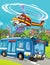 Cartoon scene with military or police army car vehicle on the road and fireman playing flying over - illustration