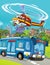 Cartoon scene with military or police army car vehicle on the road and fireman playing flying over - illustration