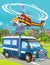 Cartoon scene with military or police army car vehicle on the road and fireman playing flying over - illustration