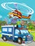 Cartoon scene with military or police army car vehicle on the road and fireman playing flying over - illustration