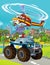 Cartoon scene with military or police army car vehicle on the road and flying machine over it - illustration