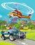 Cartoon scene with military or police army car vehicle on the road and flying machine over it - illustration