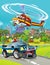 Cartoon scene with military or police army car vehicle on the road and flying machine over it - illustration