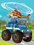 Cartoon scene with military or police army car vehicle on the road and flying machine over it - illustration