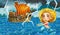 Cartoon scene with old ship sailing during storm with mermaid watching - illustration