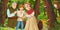 Cartoon scene with older man farmer and woman wife and son in the forest encountering pair of owls flying