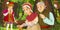 Cartoon scene with older man farmer and woman wife and son in the forest encountering pair of owls flying