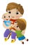 cartoon scene with older and younger brothers and younger toddler playing together family illustration for kids