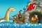 Cartoon scene with pirate ship sailing through the seas encountering sea monster