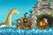 Cartoon scene with pirate ship sailing through the seas encountering sea monster