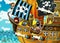 Cartoon scene with pirate ship sailing through the seas with scary pirates - deck is burning during battle