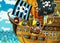 Cartoon scene with pirate ship sailing through the seas with scary pirates - deck is burning during battle