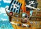 Cartoon scene with pirate ship sailing through the seas with scary pirates - illustration