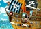 Cartoon scene with pirate ship sailing through the seas with scary pirates - illustration