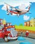 Cartoon scene with plane vehicle near the city and fireman truck - illustration for children