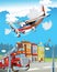 Cartoon scene with plane vehicle near the city and fireman truck - illustration for children