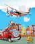 Cartoon scene with plane vehicle near the city and fireman truck - illustration for children