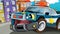 Cartoon scene with police car driving through the city - illustration for children