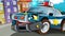 Cartoon scene with police car driving through the city - illustration for children