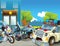 Cartoon scene with police car and sports car car at city police station and ambulance