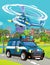 Cartoon scene with police car vehicle on the road near the garage or repair station - illustration