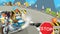 Cartoon scene of police pursuit - police motorcycle chasing racing car - illustration for children