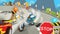 Cartoon scene of police pursuit - police motorcycle chasing racing car - illustration for children