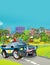 Cartoon scene with police sedan car vehicle on the road and fireman worker - illustration