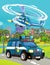 Cartoon scene with police sedan car vehicle on the road and police helicopter worker - illustration